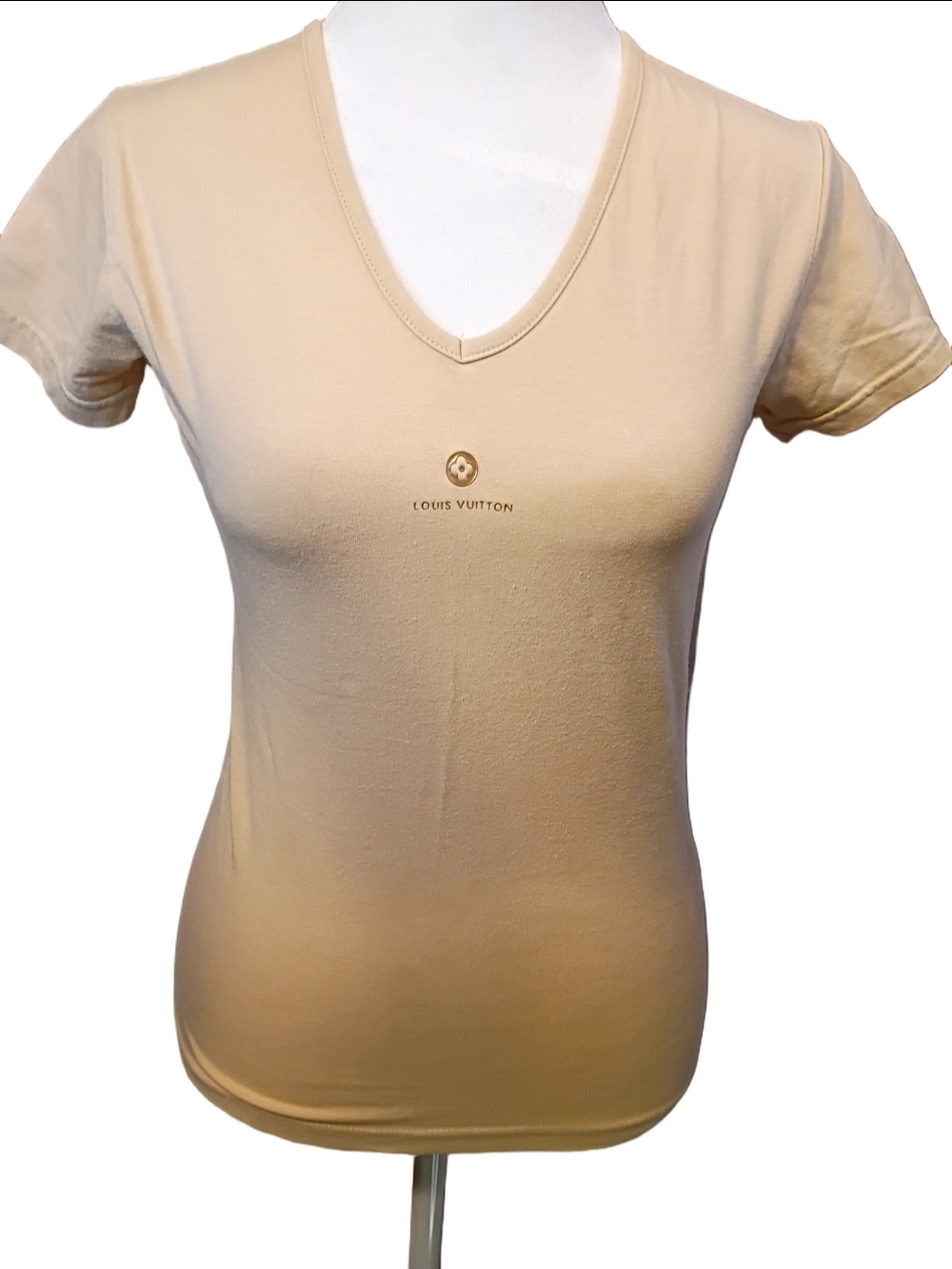 Louis Vuitton Tan Brown Logo Clover In Leather Graphic V-Neck T-shirt Size Large